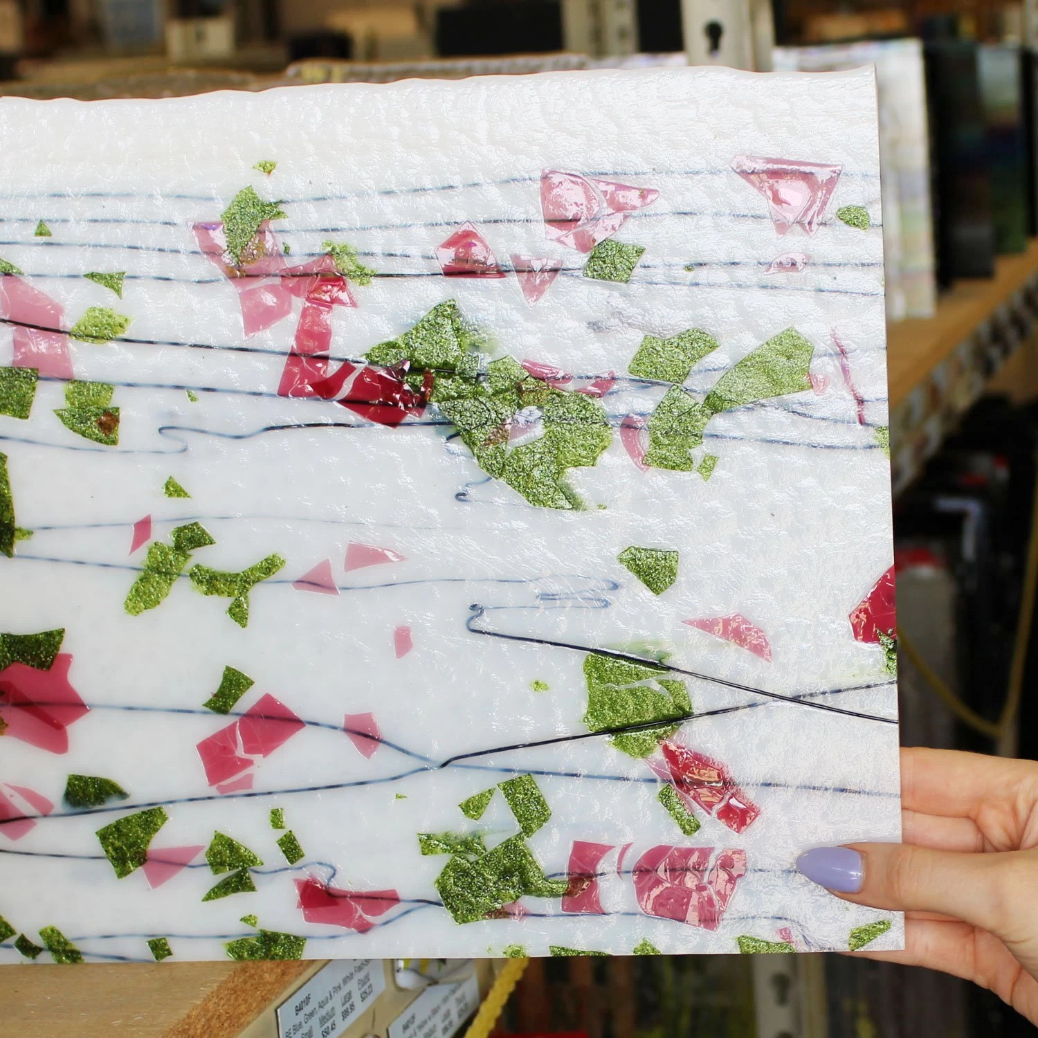 Bullseye Spring Green, Deep Pink And Black On White Fracture-Streamer - 90 COE 6 Bullseye Spring Green, Deep Pink And Black On White Fracture-Streamer - 90 COE - Image 6